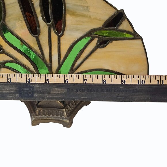 Vtg Stained Glass Cattails Tabletop Fan Lamp on Brass Base Tested Working FLAW - Picture 6 of 7